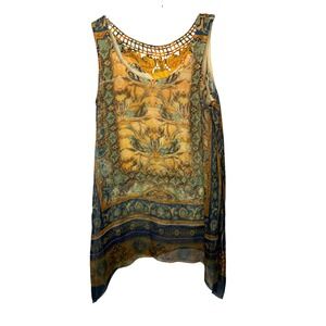 One World Women Yellow Blue Paisley Scarf Print Crochet Lace Tunic Top Small